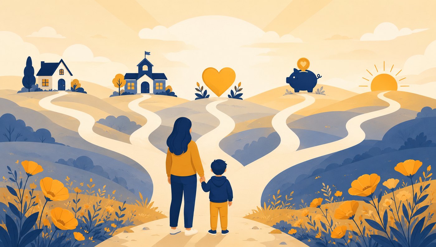A parent and child stand together at the start of several winding paths, each leading to a different kind of support: a home, a school, care, and a bright future. It represents the many California funding options available to families with special-needs children.